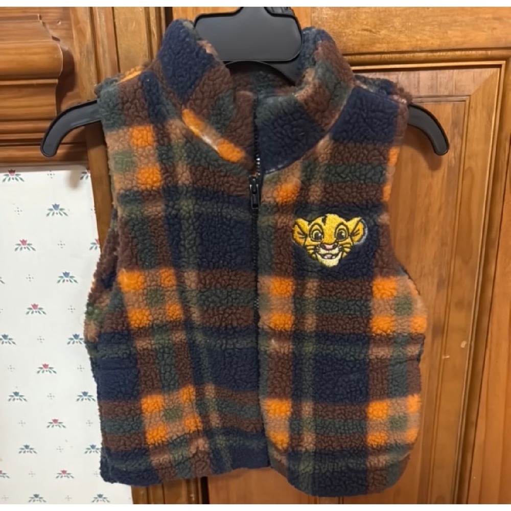 Disney Baby Lion King Simba Sherpa Fleece Vest 12M Plaid Blue Orange Green Zip